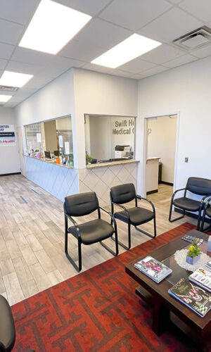 A photo of the Swift Health Morrow lobby and front desk