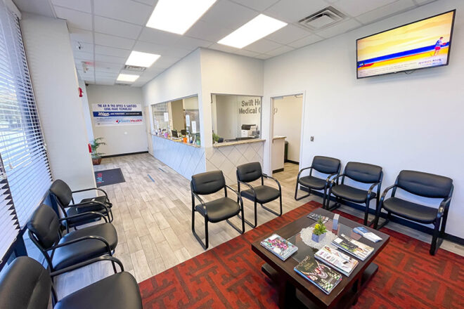 A photo of the Swift Health Morrow lobby and front desk