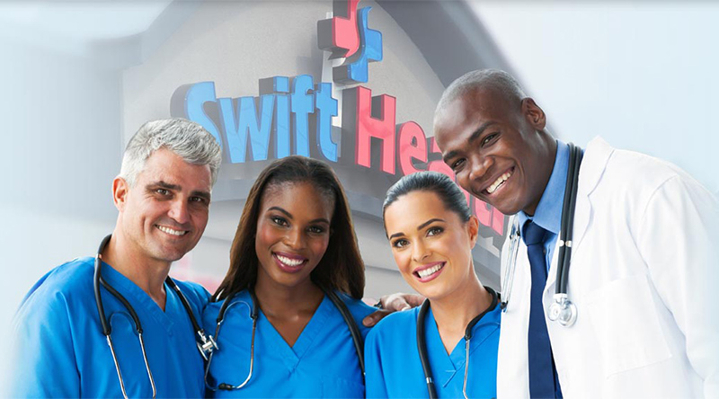 A photo of doctors and nurses with the Swift Health logo in the background
